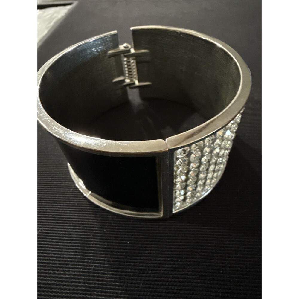 Clear Sparkly Wide Rhinestone Black & Silver Clamp Cuff Bracelet
